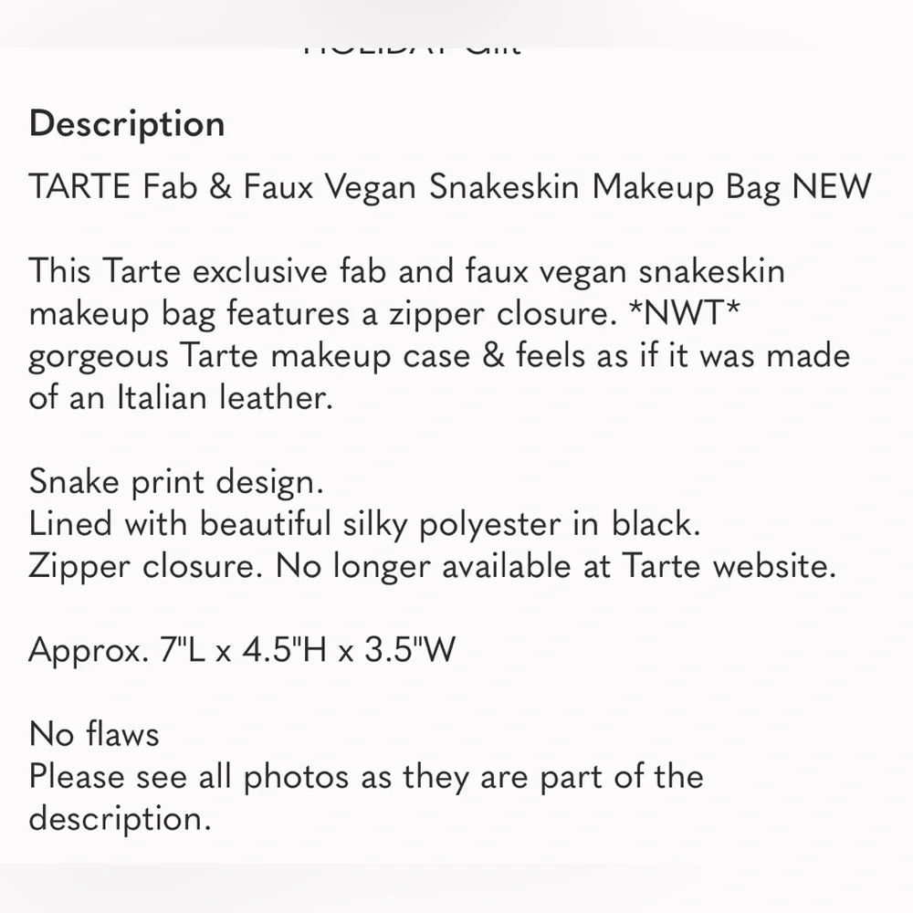TARTE Fab & Faux Vegan Snakeskin Makeup Bag NEW